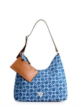 GUESS Blue Logo-Print Denim Hobo with Tan Accent Pouch